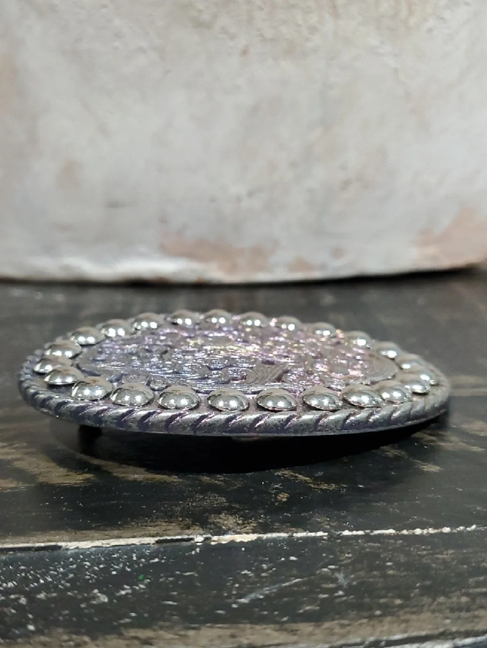 Vintage Silver Floral Oval Belt Buckle Pink And Purple Shimmer W Studs Cowgirl